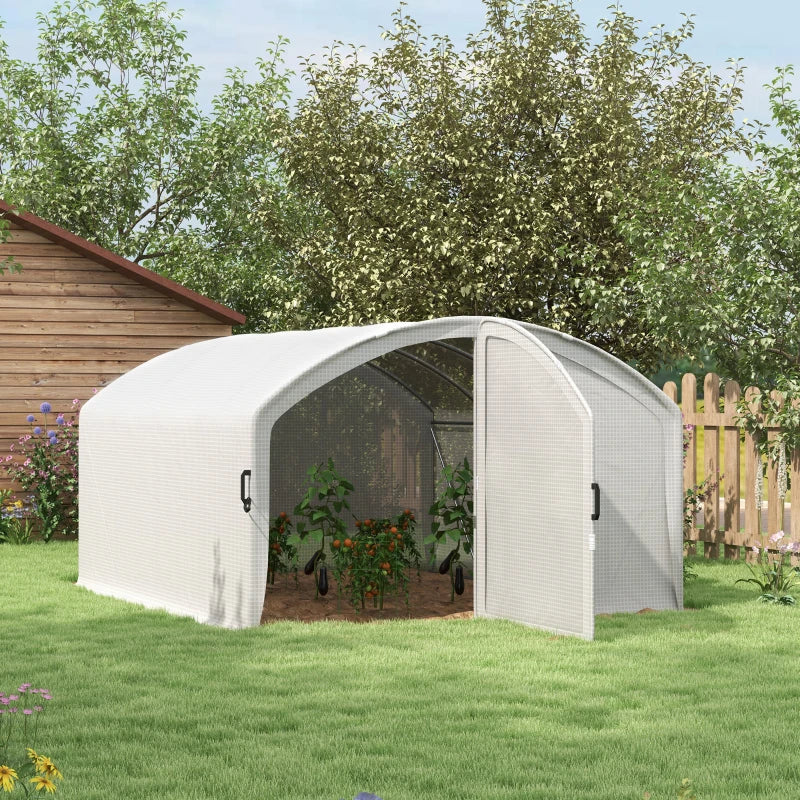 Image of a large walk in polytunnel greenhouse with a large door to the front