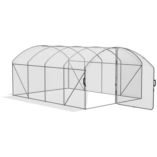 Image of a large walk in polytunnel greenhouse with a large door to the front