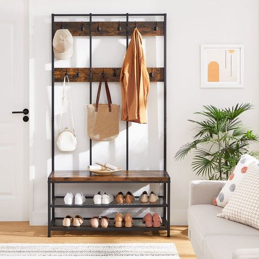 Image of a Vasagle Large Industrial Coat Rack With Shoe Storage and Bench