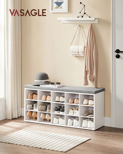 Large White Entryway Shoe Bench With Grey Cushion by Vasagle
