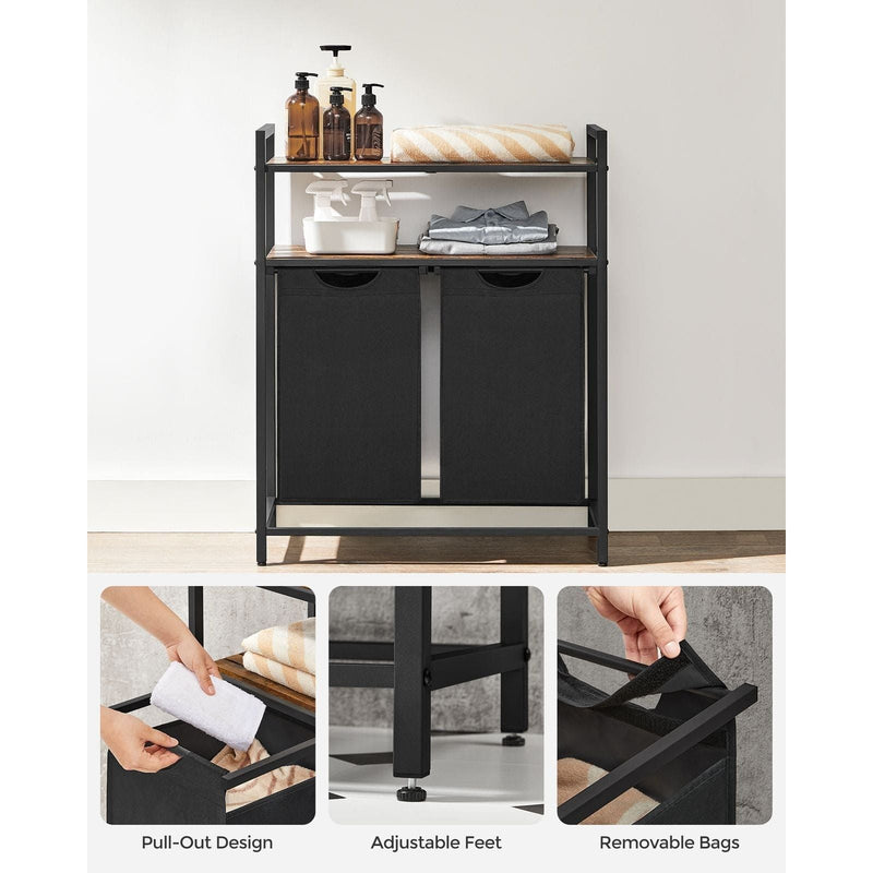 Laundry Sorter With 2 Shelves by Vasagle Rustic Brown and Black