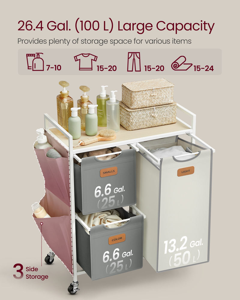 Laundry Storage cart with large capacity bins and product display on a beige background