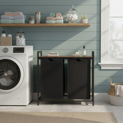 Laundry room with washing machine, 2 section laundry basket, and shelves with cleaning supplies.