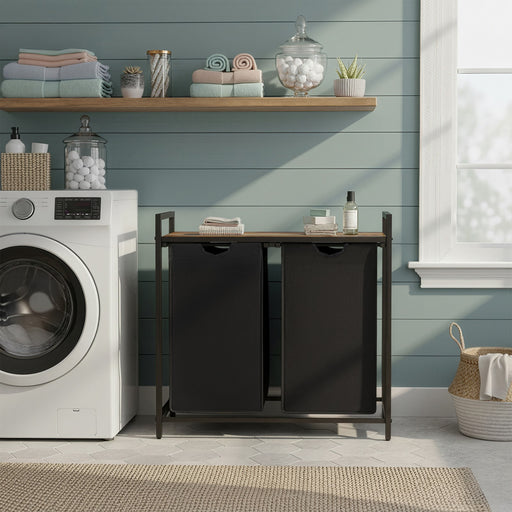 Laundry room with washing machine, 2 section laundry basket, and shelves with cleaning supplies.