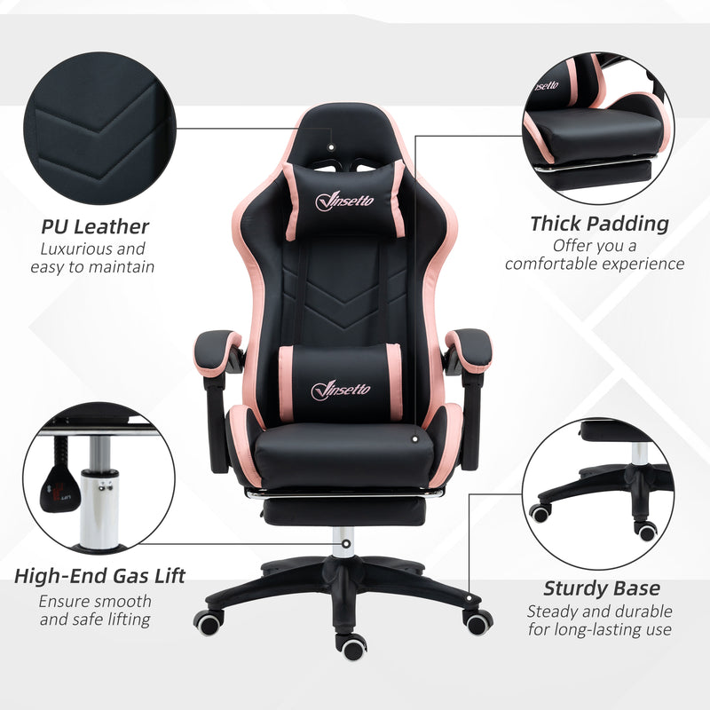 Reclining Gaming Chair With Footrest and Lumbar Support For Office or Home Use, Black and Pink