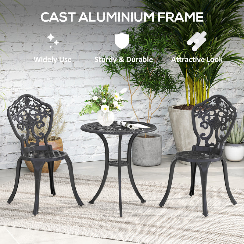 Black Three Piece Aluminium Floral Bistro Set for Garden or Patio by Outsunny