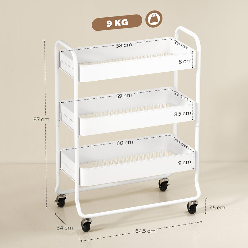 3 Tier Rolling Storage Trolley with Mesh Baskets Ideal for Kitchen or Bathroom White