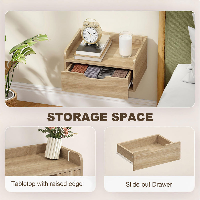 Floating Bedside Tables Set of 2 with Drawer and Shelf for Space Saving Storage Natural Wood AOSOM