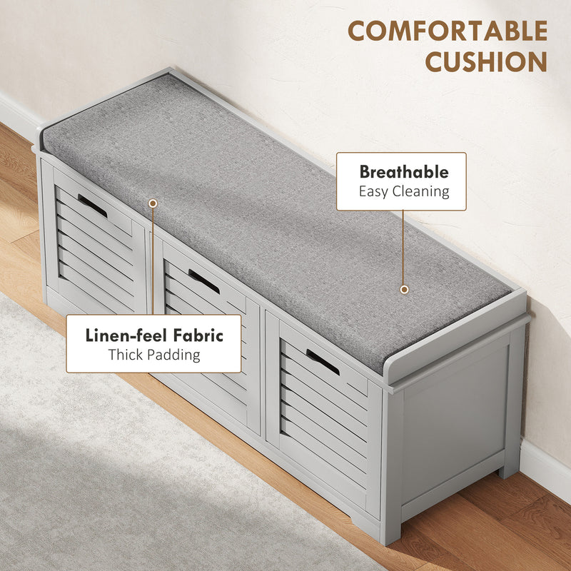 3 Drawer Shoe Storage Bench With Cushioned Seat For Hallway Or Entryway Grey