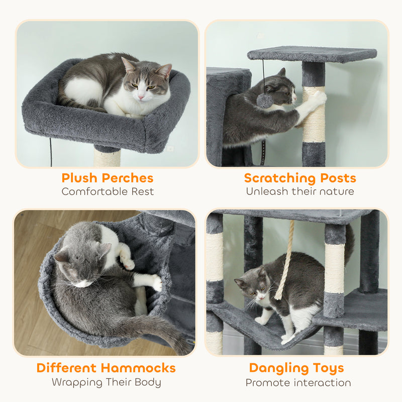 Large Multi Level Cat Tree with Condos Hammocks and Scratching Posts for Indoor Cats Grey