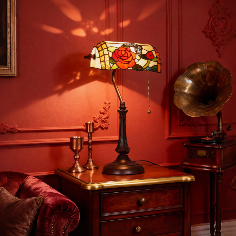 Table Lamp with Handmade Stained Glass Shade for Warm Cosy Lighting Bronze Red