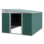 Image of a green lean to metal garden shed