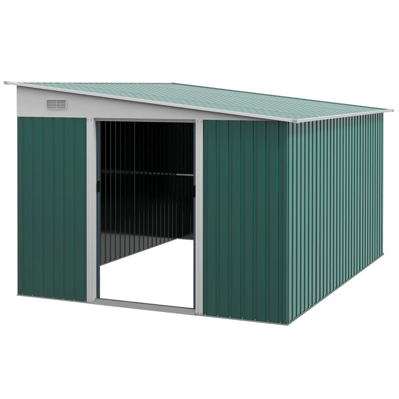 Image of a green lean to metal garden shed