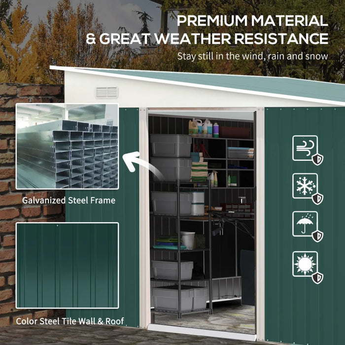 Image of a green lean to metal garden shed