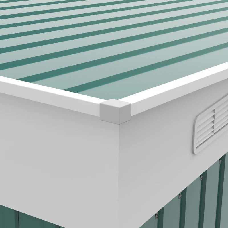 Image of a green lean to metal garden shed