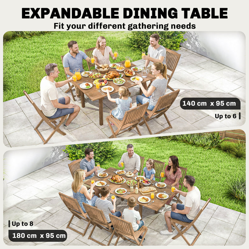 Extendable Garden Dining Table for 6 to 8 People with Parasol Hole Acacia Wood Natural AOSOM