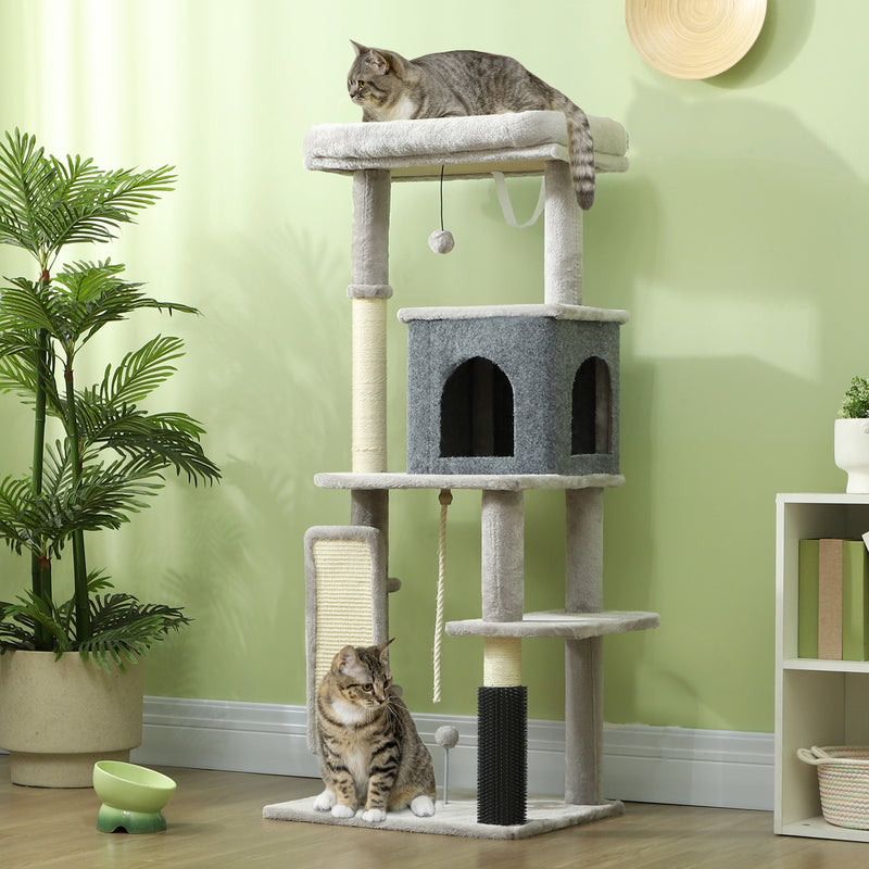 Light Grey 132cm Cat Tree with Scratching Posts Bed House Jumping Platform and Grooming Brush by PawHut