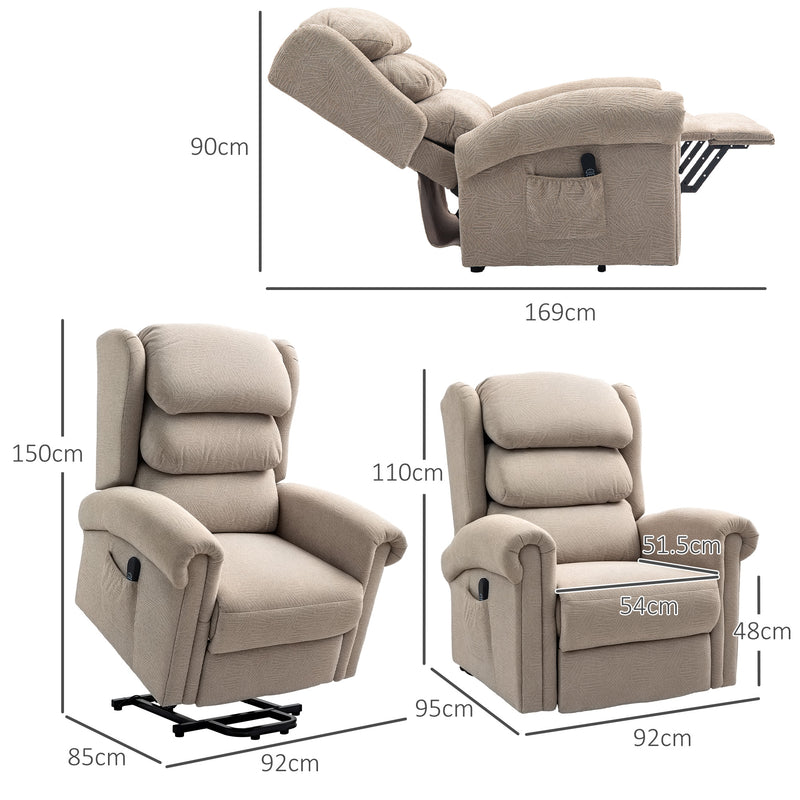 Khaki Velvet Power Lift Recliner Chair for Elderly with Remote and Side Pockets by HOMCOM