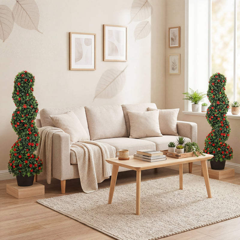 Artificial Rose Spiral Topiary Trees Set of 2 for Easy Care Doorway or Patio Display Red AOSOM
