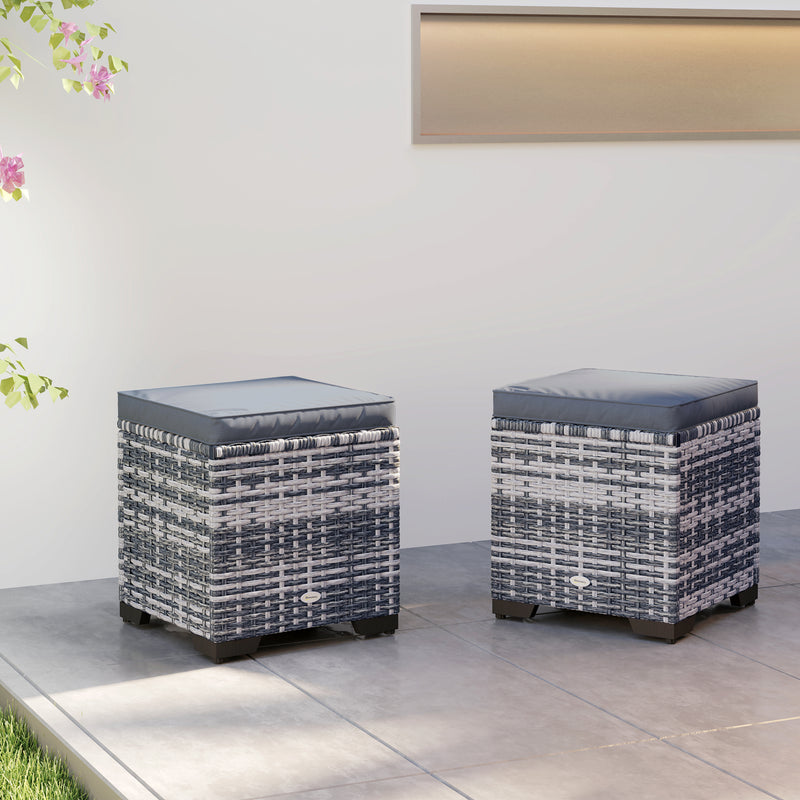Set of 2 Rattan Storage Ottomans with Cushions for Garden Balcony and Living Room Dark Grey by Outsunny