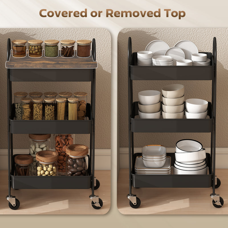 3 Tier Rolling Kitchen Storage Trolley With Top Board For Easy Organisation, Rustic Brown and Black