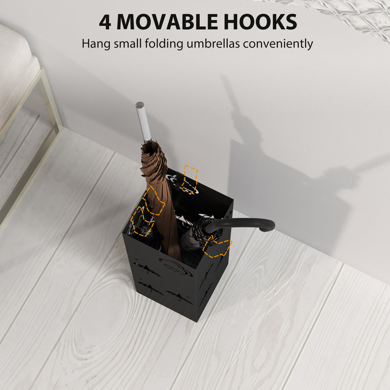 Black Metal Umbrella Stand with Drip Tray and Hooks for Hallway and Entryway by HOMCOM