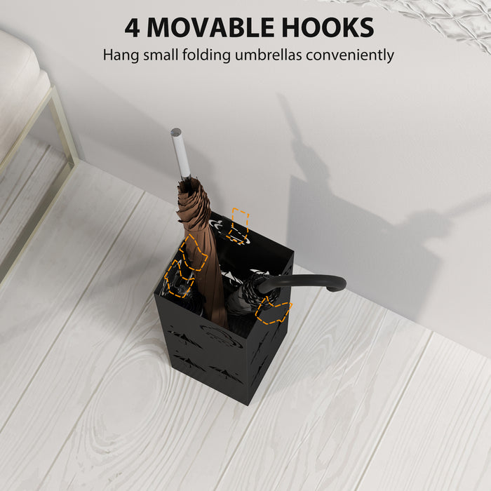 Black Metal Umbrella Stand with Drip Tray and Hooks for Hallway and Entryway by HOMCOM