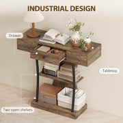 Industrial 3 Tier Console Table with Drawer and Storage Shelves for Hallway Rustic Brown AOSOM
