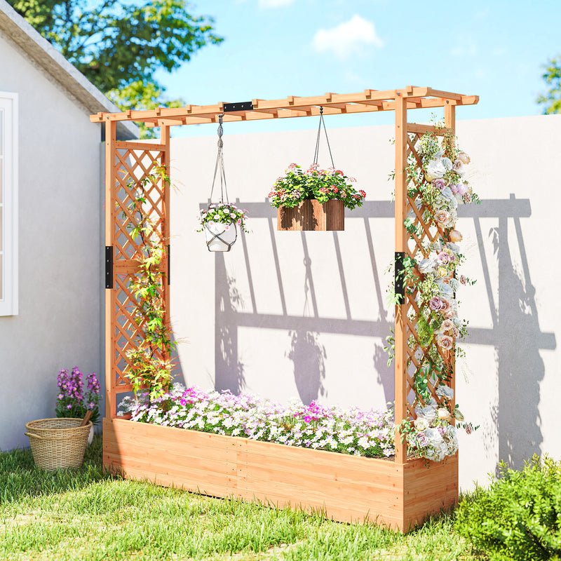 Large Wooden Garden Planter With Trellis Ideal for Climbing Plants Fir Wood Brown Outsunny