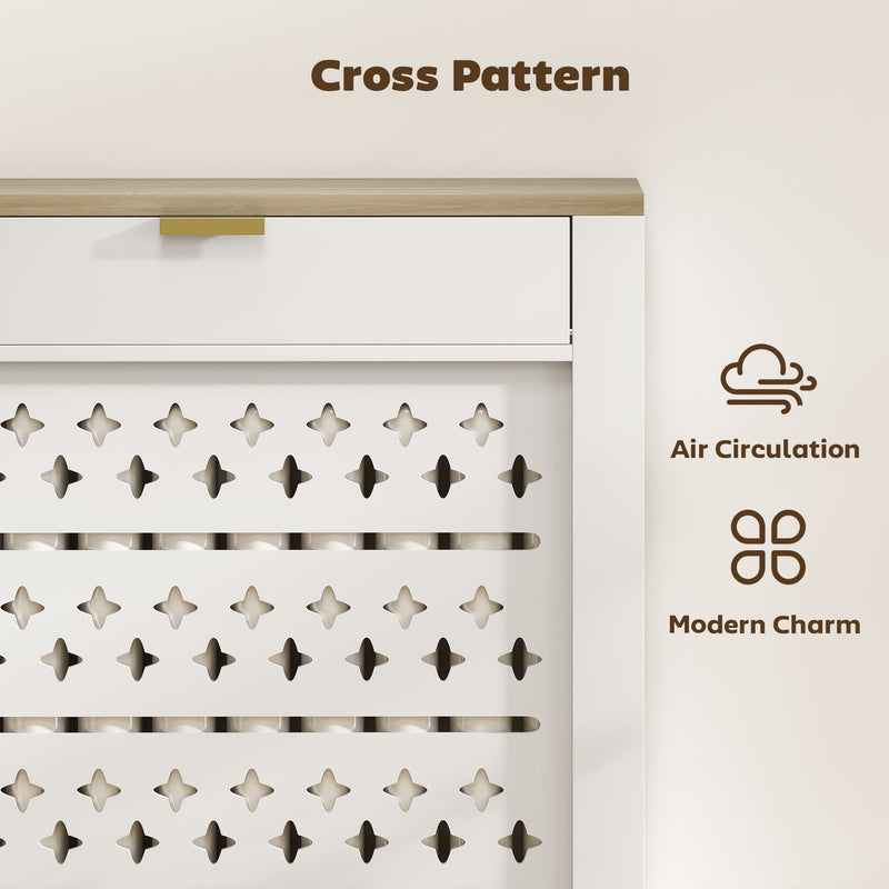 Radiator Cover with Storage Drawer Modern Slatted Design for Living Room White