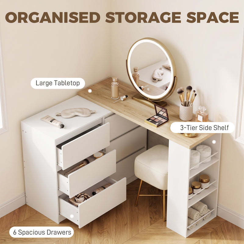Dressing Table with 6 Drawers and 3 Shelves for Organised Bedrooms White Natural Wood Finish
