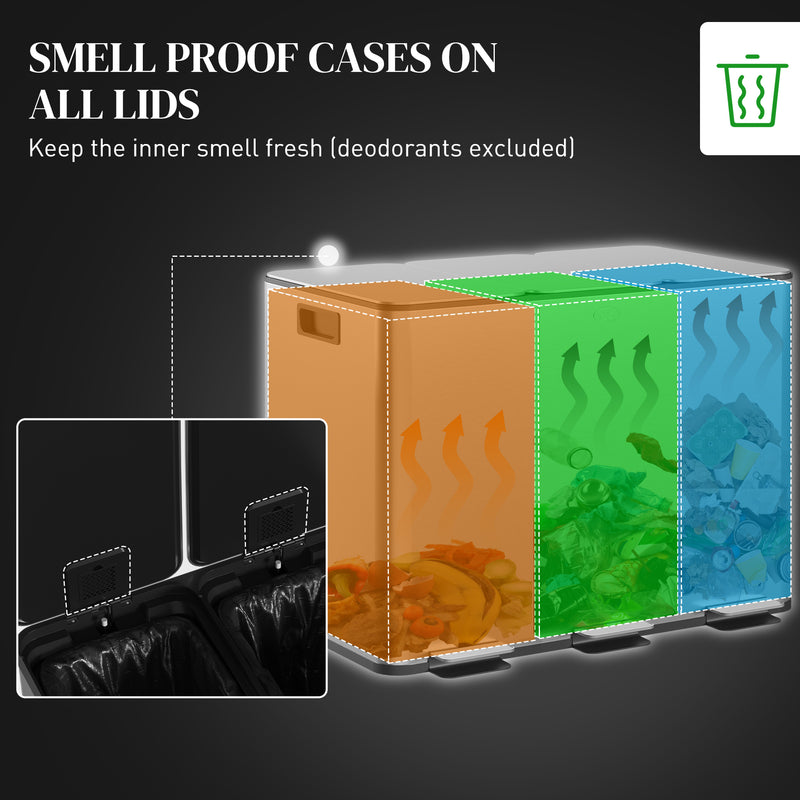 Kitchen Pedal Bin with Three Compartments for Easy Waste and Recycling Sorting Silver Tone AOSOM