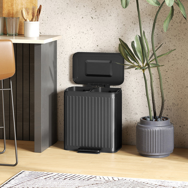40L Black Dual Compartment Rubbish Bin With Soft Close Lid For Kitchen Waste Sorting