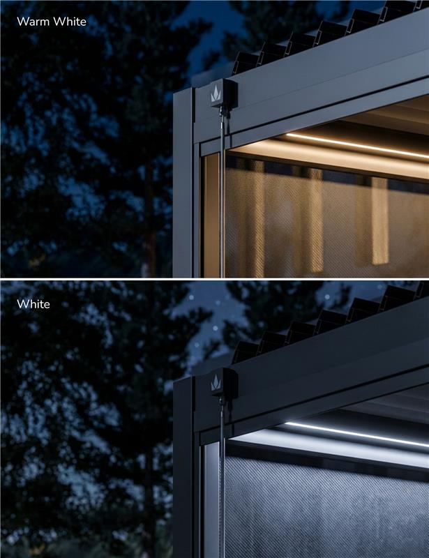 Luxe 6x3m pergola solar LED lighting, shown in warm white and white settings
