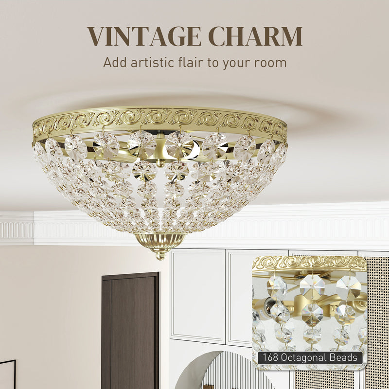 2 Light Flush Mount Crystal Chandelier with 168 Beads for Living Room or Bedroom, Gold Tone
