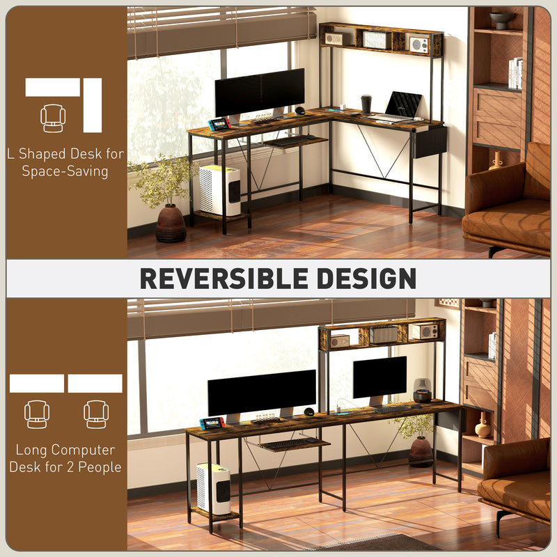 Rustic Brown L Shaped Computer Desk with Power Outlet and Storage for Two Person by HOMCOM