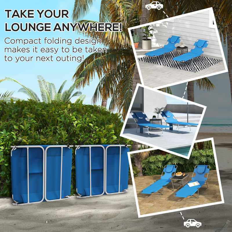 Set of 2 Blue Foldable Sun Loungers with Reading Hole and 5 Position Adjustable Backrest