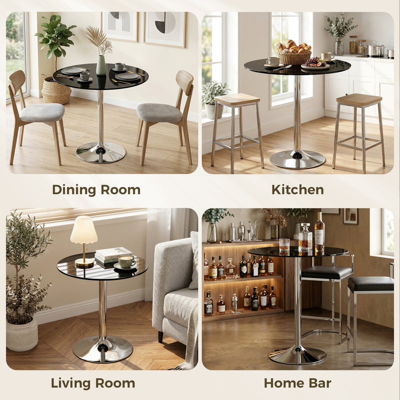 2 Seat Round Black Glass Dining Table for Small Spaces with Stable Metal Base