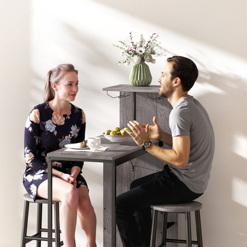 Bar Table Set with Storage Shelves and Stools for Small Kitchens or Flats Natural Wood Finish AOSOM