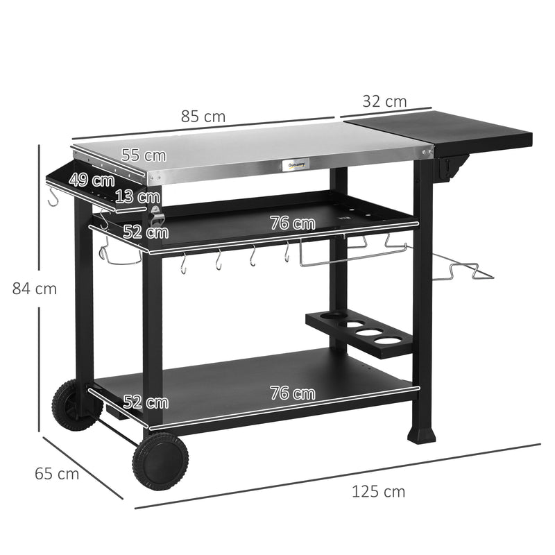 Black BBQ Grill Table with Stainless Steel Top for Outdoor Cooking and Entertaining