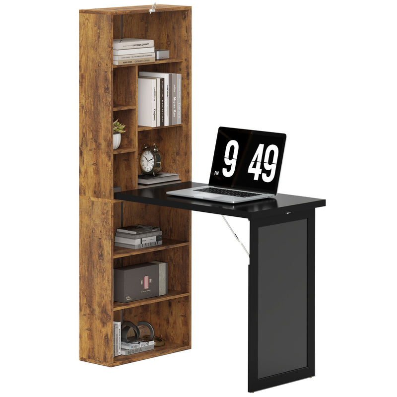 Folding Desk with Blackboard and Side Shelf Rustic Brown Home Office Workstation by HOMCOM