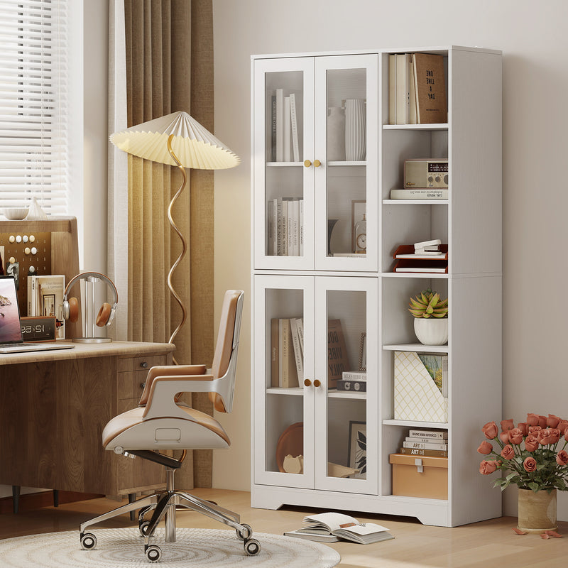 Multi Storage Kitchen Cabinet with Glass Doors and Shelves for Organised Cooking Space White