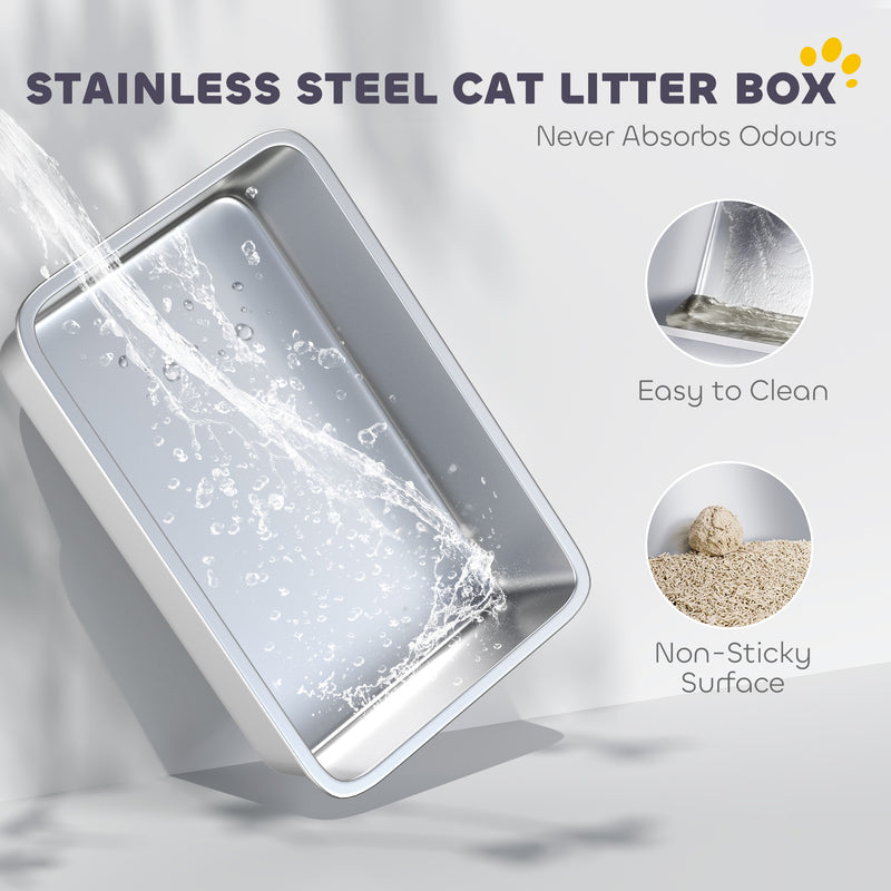 XL Stainless Steel Cat Litter Box with High Sides and Scoop for Easy Cleaning, Silver