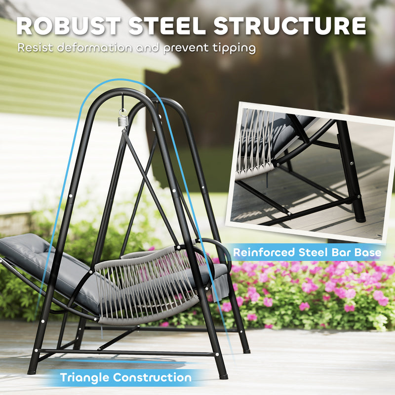 Light Grey Rattan Swing Chair with Stand and Cushion for Garden Balcony and Deck by Outsunny