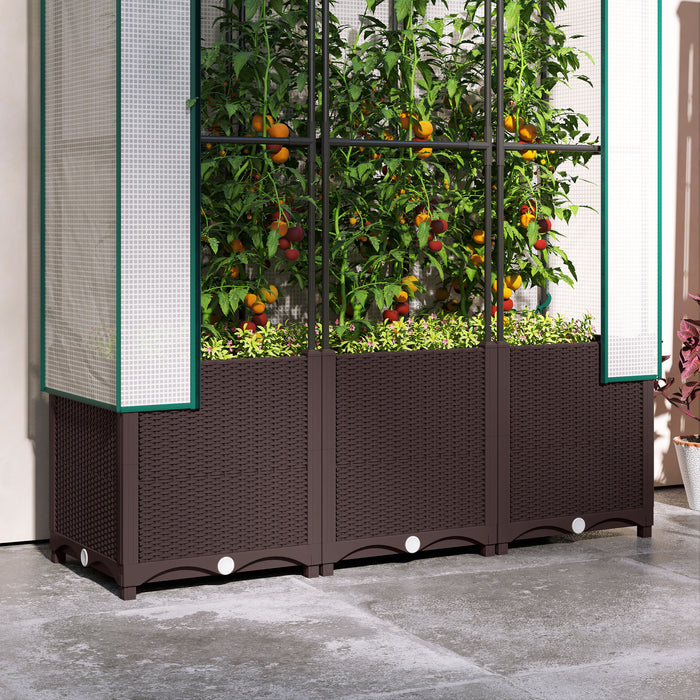 Raised Garden Bed with Trellis Plastic Planter Box with Drainage for Climbing Plants by Outsunny