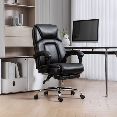 Reclining Faux Leather Office Chair With Footrest For All Day Comfort Black