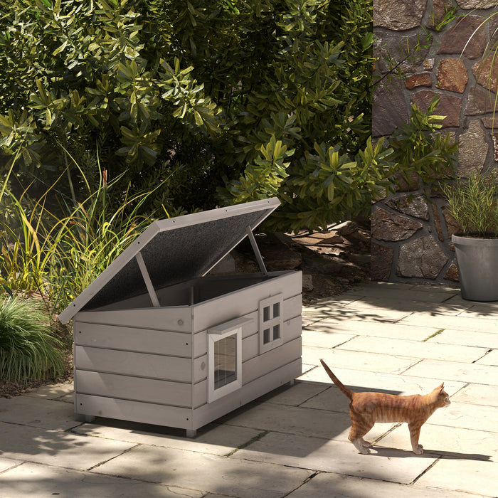 Grey Wooden Outdoor Cat House Raised Shelter with Openable Roof and Window by PawHut