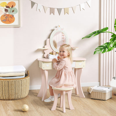 Kids Vanity Dressing Table Set With Mirror Stool Storage And Accessories For Girls Pink AOSOM