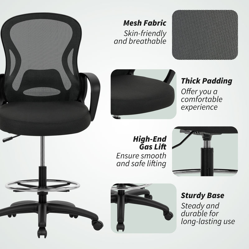 Ergonomic Mesh Drafting Office Chair With Lumbar Support And Footrest For Standing Desks Black