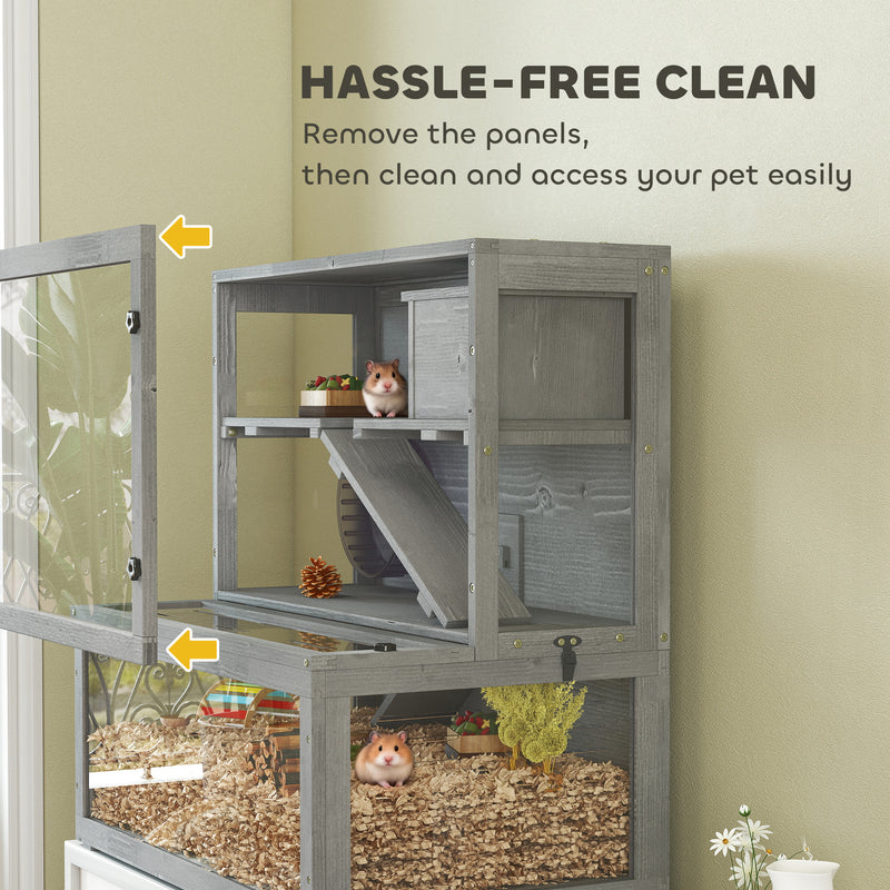 Wooden Hamster Cage With Wheel Ramps and Removable Panels for Small Pets Grey AOSOM